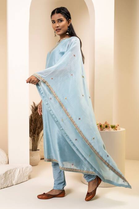 Suvastram_Sky Blue Chanderi Silk, Cotton Embroidery Kurta Attached Dupatta With Churidar _at_Aza_Fashions