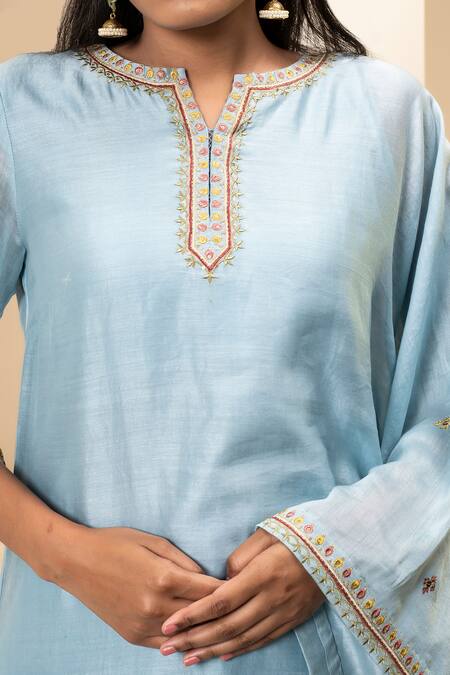 Shop_Suvastram_Sky Blue Chanderi Silk, Cotton Embroidery Kurta Attached Dupatta With Churidar 