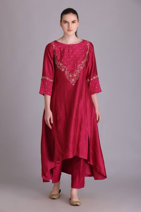 Suvastram_Maroon Viscose, Organza Embroidery Round Floral Assymetrical Kurta And Pant Set _Online_at_Aza_Fashions