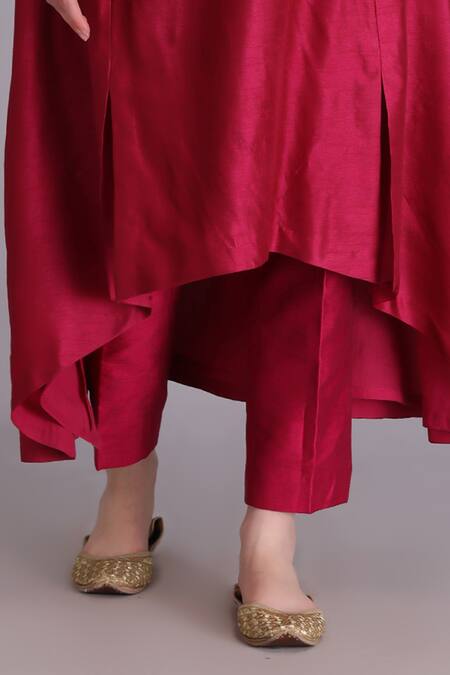 Buy_Suvastram_Maroon Viscose, Organza Embroidery Round Floral Assymetrical Kurta And Pant Set _Online_at_Aza_Fashions