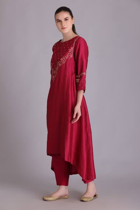 Shop_Suvastram_Maroon Viscose, Organza Embroidery Round Floral Assymetrical Kurta And Pant Set _Online_at_Aza_Fashions