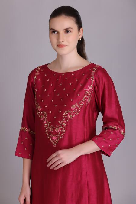 Buy_Suvastram_Maroon Viscose, Organza Embroidery Round Floral Assymetrical Kurta And Pant Set 