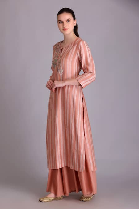 Shop Suvastram Pink Chanderi Silk, Cotton, Organza Geometric Print Straight Kurta And Palazzo Set Online at Aza Fashions Shop_Suvastram_Pink Chanderi Silk, Cotton, Organza Geometric Print Straight Kurta And Palazzo Set _Online_at_Aza_Fashions