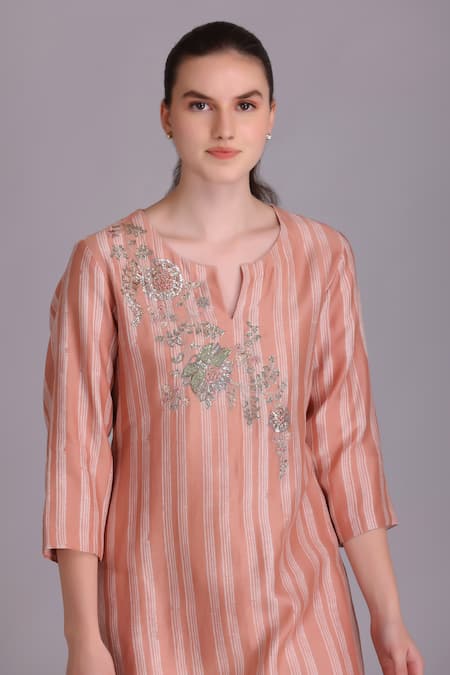 Buy Suvastram Pink Chanderi Silk, Cotton, Organza Geometric Print Straight Kurta And Palazzo Set Buy_Suvastram_Pink Chanderi Silk, Cotton, Organza Geometric Print Straight Kurta And Palazzo Set
