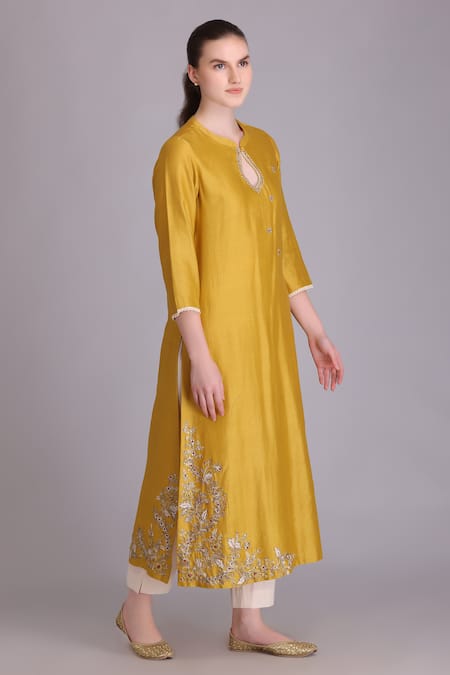 Shop_Suvastram_Yellow Chanderi Silk, Cotton Embroidery, Tassels Straight Kurta And Pant Set _Online_at_Aza_Fashions