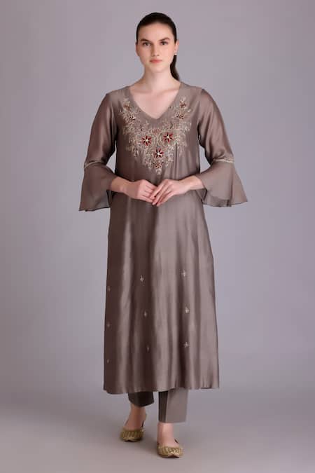 Suvastram_Grey Chanderi Silk, Cotton Embroidery, Sequins V-neck Kurta Pant Set _Online_at_Aza_Fashions