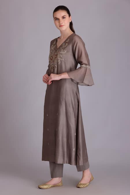 Shop_Suvastram_Grey Chanderi Silk, Cotton Embroidery, Sequins V-neck Kurta Pant Set _Online_at_Aza_Fashions