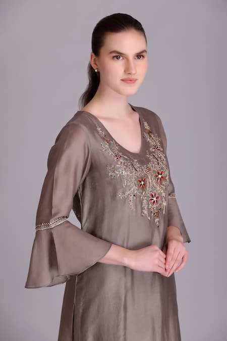 Suvastram_Grey Chanderi Silk, Cotton Embroidery, Sequins V-neck Kurta Pant Set _at_Aza_Fashions
