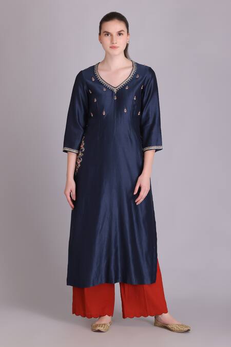 Suvastram Blue Chanderi Silk, Cotton Sequins, Embroidery, Tassels A-line Kurta Pant Set Online at Aza Fashions Suvastram_Blue Chanderi Silk, Cotton Sequins, Embroidery, Tassels A-line Kurta Pant Set _Online_at_Aza_Fashions