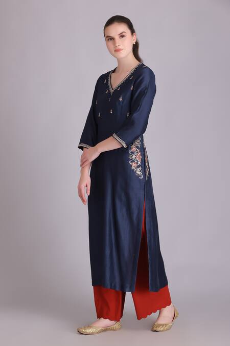 Shop Suvastram Blue Chanderi Silk, Cotton Sequins, Embroidery, Tassels A-line Kurta Pant Set Online at Aza Fashions Shop_Suvastram_Blue Chanderi Silk, Cotton Sequins, Embroidery, Tassels A-line Kurta Pant Set _Online_at_Aza_Fashions