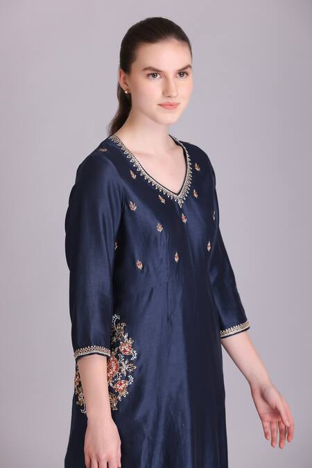 Suvastram Blue Chanderi Silk, Cotton Sequins, Embroidery, Tassels A-line Kurta Pant Set at Aza Fashions Suvastram_Blue Chanderi Silk, Cotton Sequins, Embroidery, Tassels A-line Kurta Pant Set _at_Aza_Fashions