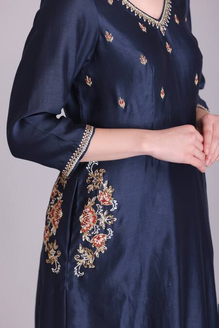 Buy Suvastram Blue Chanderi Silk, Cotton Sequins, Embroidery, Tassels A-line Kurta Pant Set Buy_Suvastram_Blue Chanderi Silk, Cotton Sequins, Embroidery, Tassels A-line Kurta Pant Set