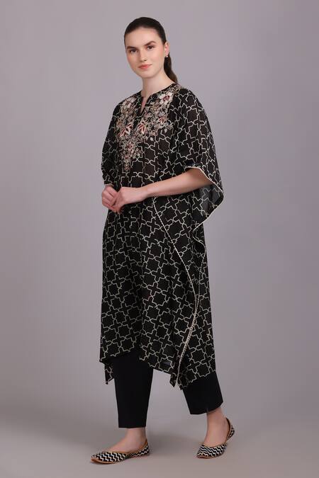 Suvastram_Black Chanderi Silk, Cotton Embroidery, Sequins Geometric Print Kaftan Pant Set _Online_at_Aza_Fashions