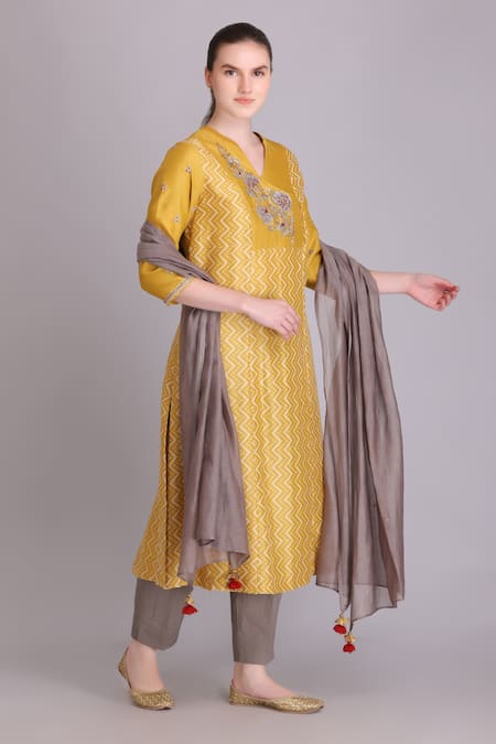 Suvastram Yellow Kurta And Dupatta Chanderi Silk Embroidered Sequins A-line Pant Set 