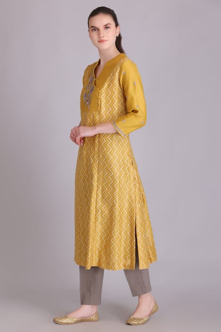 Shop Suvastram Yellow Chanderi Silk, Cotton Sequins, Tassels A-line Embroidered Kurta Pant Set Online at Aza Fashions Shop_Suvastram_Yellow Chanderi Silk, Cotton Sequins, Tassels A-line Embroidered Kurta Pant Set _Online_at_Aza_Fashions