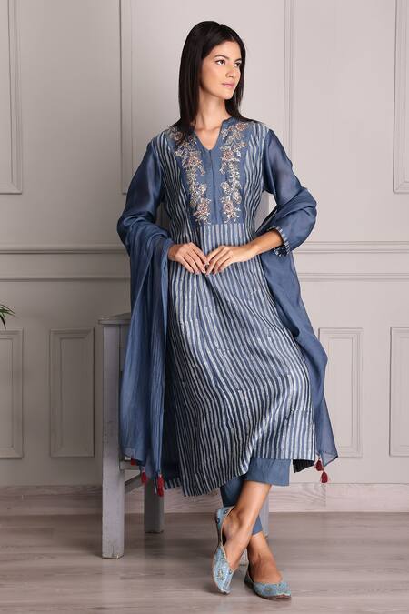 Buy_Suvastram_Blue Chanderi Silk, Cotton Sequins, Embroidery Split Stripe Print Kurta Pant Set _Online_at_Aza_Fashions