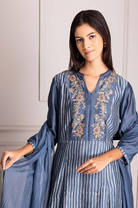 Shop_Suvastram_Blue Chanderi Silk, Cotton Sequins, Embroidery Split Stripe Print Kurta Pant Set _Online_at_Aza_Fashions