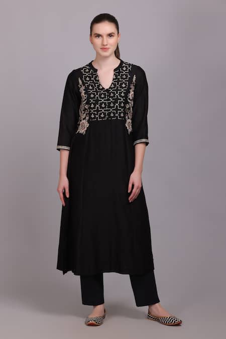Suvastram_Black Chanderi Silk, Cotton Sequins Split V-neck Embroidered Kurta Pant Set _Online_at_Aza_Fashions
