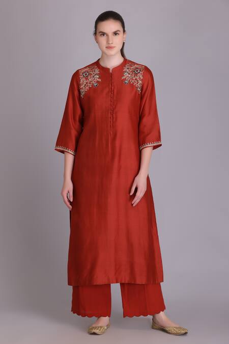 Suvastram_Orange Chanderi Silk, Cotton Sequins A-line Thread Embroidered Kurta Pant Set _Online_at_Aza_Fashions