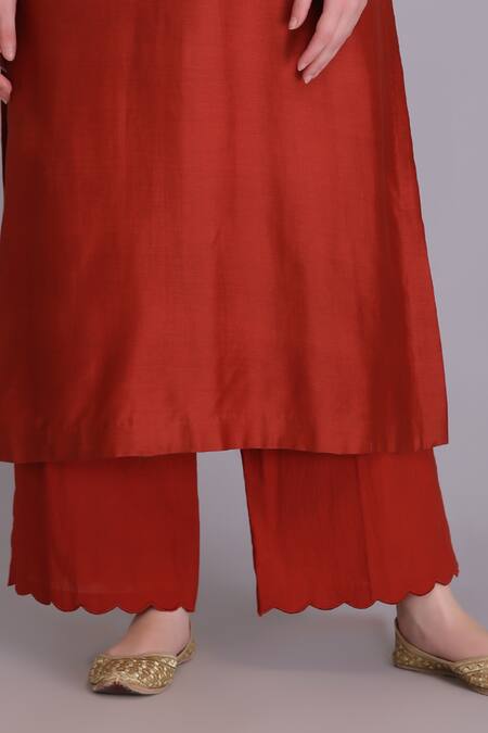 Buy_Suvastram_Orange Chanderi Silk, Cotton Sequins A-line Thread Embroidered Kurta Pant Set _Online_at_Aza_Fashions