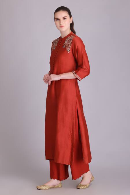Shop_Suvastram_Orange Chanderi Silk, Cotton Sequins A-line Thread Embroidered Kurta Pant Set _Online_at_Aza_Fashions