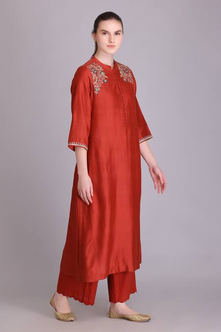 Suvastram_Orange Chanderi Silk, Cotton Sequins A-line Thread Embroidered Kurta Pant Set _at_Aza_Fashions