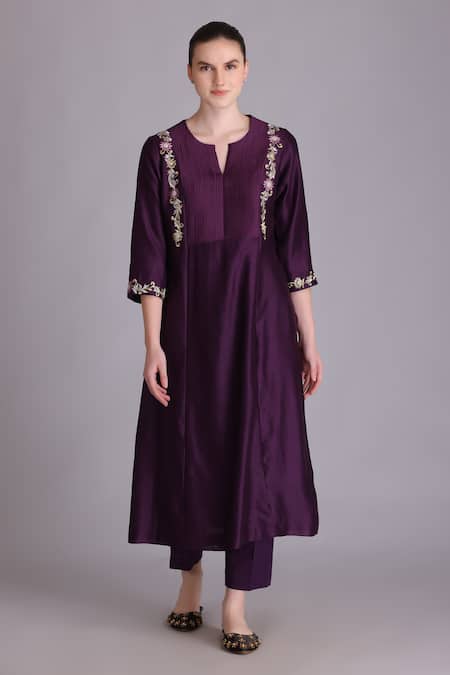 Suvastram_Purple Chanderi Silk, Silk, Cotton, Brocade Embroidery, Flower Kurta Pant Set_Online_at_Aza_Fashions