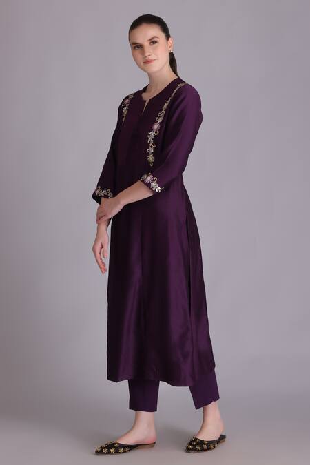 Buy_Suvastram_Purple Chanderi Silk, Silk, Cotton, Brocade Embroidery, Flower Kurta Pant Set_Online_at_Aza_Fashions