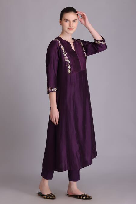 Suvastram_Purple Chanderi Silk, Silk, Cotton, Brocade Embroidery, Flower Kurta Pant Set_at_Aza_Fashions