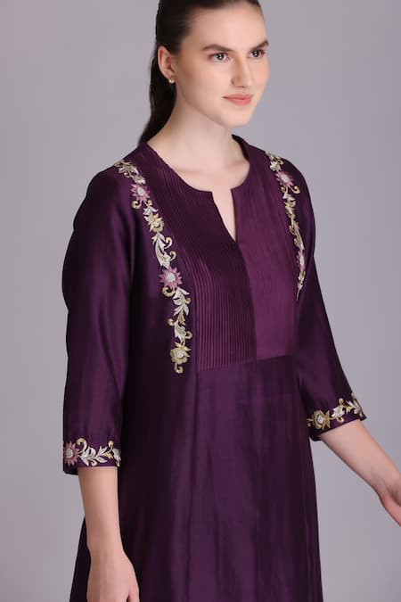Buy_Suvastram_Purple Chanderi Silk, Silk, Cotton, Brocade Embroidery, Flower Kurta Pant Set