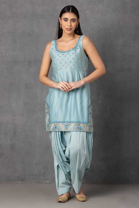 Suvastram_Blue Chanderi , Cotton, Sequins, Placed Kurta Dhoti Pant Set _Online_at_Aza_Fashions
