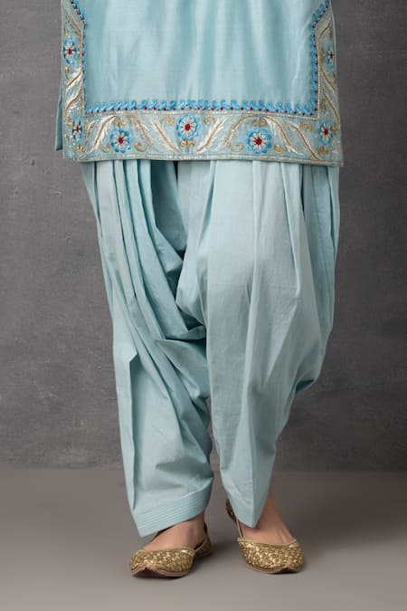 Buy_Suvastram_Blue Chanderi , Cotton, Sequins, Placed Kurta Dhoti Pant Set _Online_at_Aza_Fashions