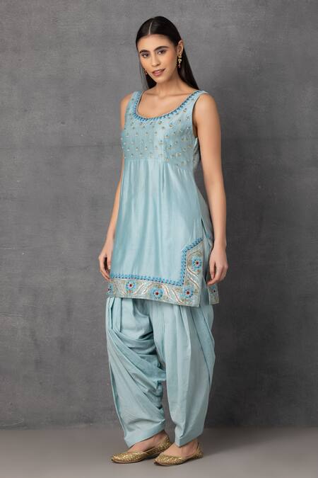 Shop_Suvastram_Blue Chanderi , Cotton, Sequins, Placed Kurta Dhoti Pant Set _Online_at_Aza_Fashions