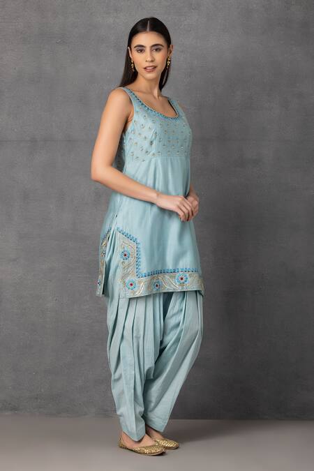 Suvastram_Blue Chanderi , Cotton, Sequins, Placed Kurta Dhoti Pant Set _at_Aza_Fashions