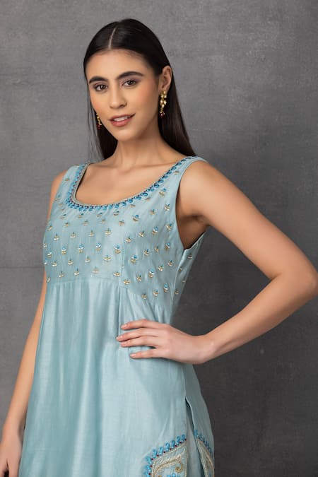 Buy_Suvastram_Blue Chanderi , Cotton, Sequins, Placed Kurta Dhoti Pant Set 