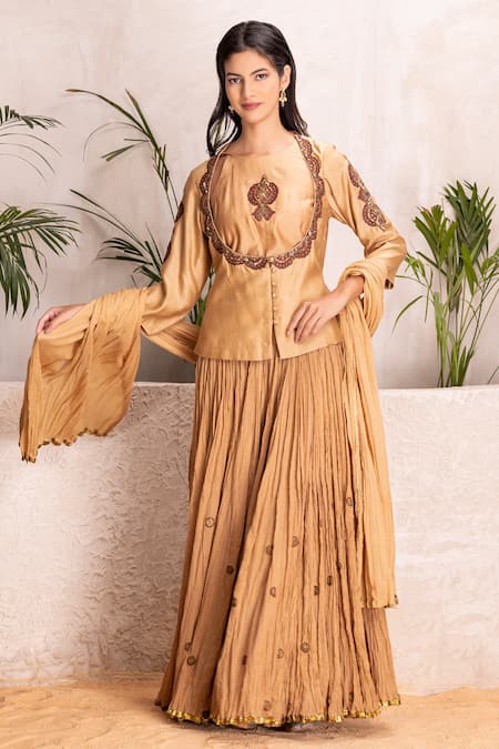 Suvastram Gold Kurta Chanderi Silk Embroidered Sequins Round Lehenga Set