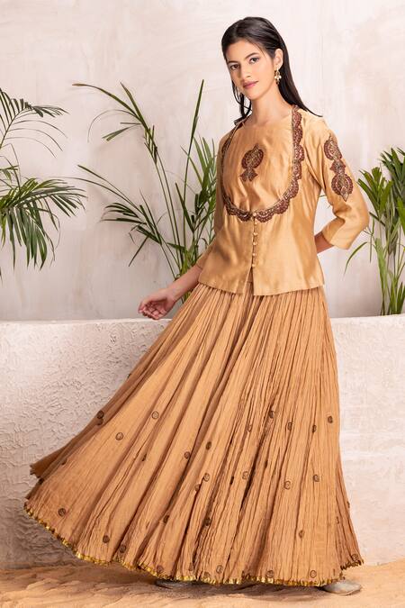 Buy_Suvastram_Gold Chanderi Silk, Cotton Sequins Round Neck Embroidered Kurta Lehenga Set _Online_at_Aza_Fashions