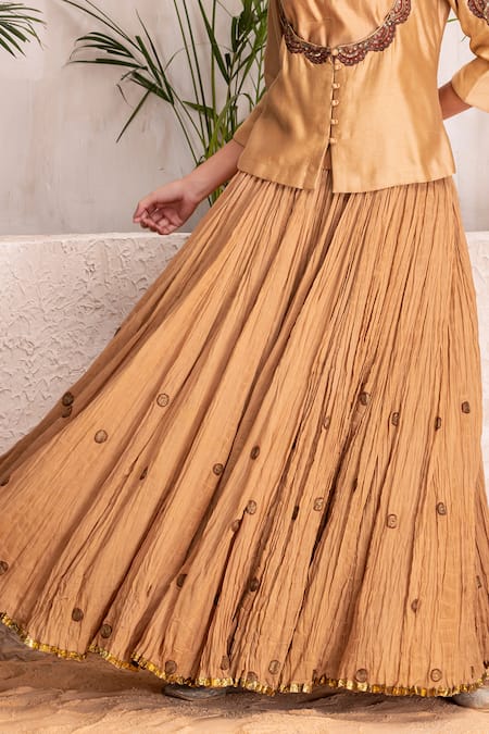 Shop_Suvastram_Gold Chanderi Silk, Cotton Sequins Round Neck Embroidered Kurta Lehenga Set _Online_at_Aza_Fashions