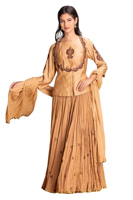 Suvastram_Gold Chanderi Silk, Cotton Sequins Round Neck Embroidered Kurta Lehenga Set _at_Aza_Fashions
