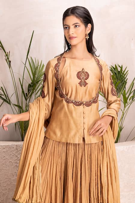 Buy_Suvastram_Gold Chanderi Silk, Cotton Sequins Round Neck Embroidered Kurta Lehenga Set 