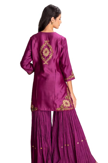 Suvastram_Purple Chanderi Silk, Cotton Sequins V-neck Embroidered Kurta Sharara Set _Online_at_Aza_Fashions
