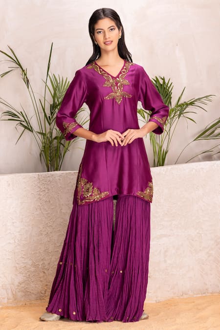 Buy_Suvastram_Purple Chanderi Silk, Cotton Sequins V-neck Embroidered Kurta Sharara Set _Online_at_Aza_Fashions