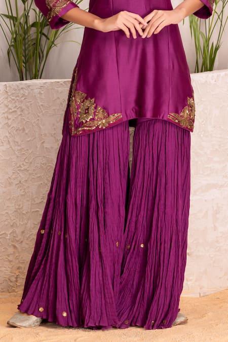 Shop_Suvastram_Purple Chanderi Silk, Cotton Sequins V-neck Embroidered Kurta Sharara Set _Online_at_Aza_Fashions