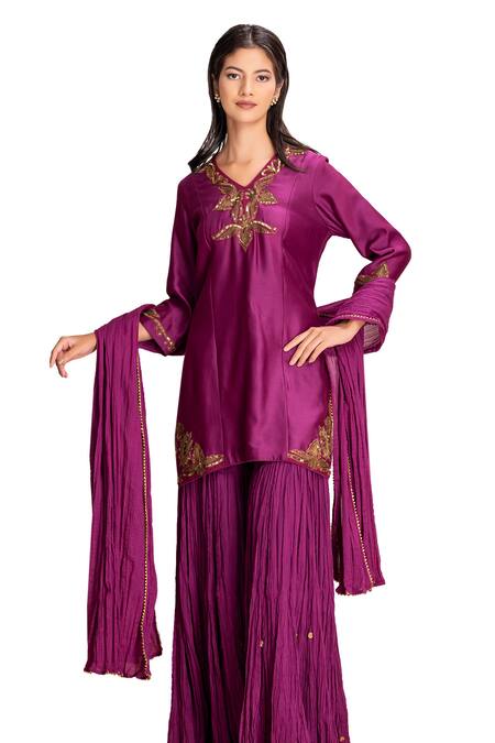 Suvastram_Purple Chanderi Silk, Cotton Sequins V-neck Embroidered Kurta Sharara Set _at_Aza_Fashions