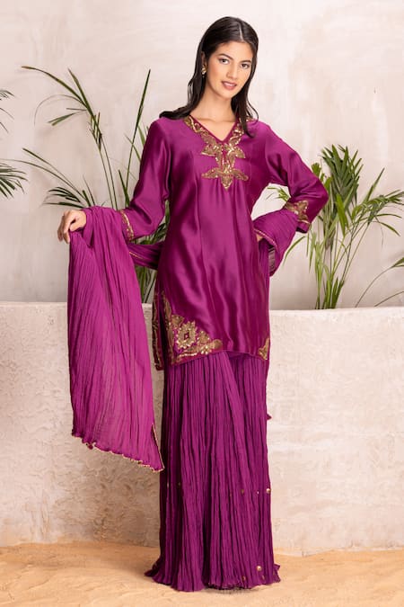 Buy_Suvastram_Purple Chanderi Silk, Cotton Sequins V-neck Embroidered Kurta Sharara Set 