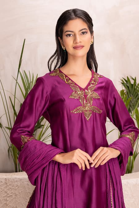 Shop_Suvastram_Purple Chanderi Silk, Cotton Sequins V-neck Embroidered Kurta Sharara Set 
