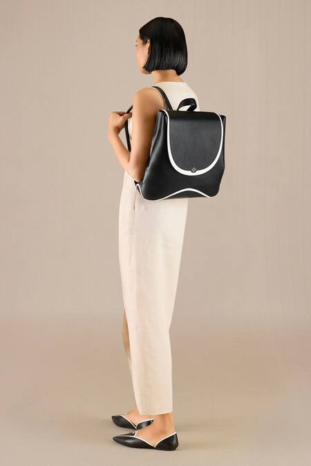 Shop Ampm Black Colorblocked Faux Leather Backpack Online at Aza Fashions Shop_Ampm_Black Colorblocked Faux Leather Backpack_Online_at_Aza_Fashions