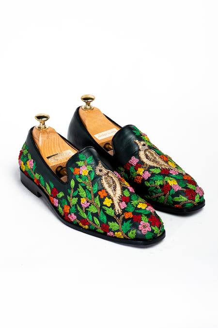 Shop_Aniket Gupta_Green Floral Sonchiriya Embroidered Shoes _at_Aza_Fashions