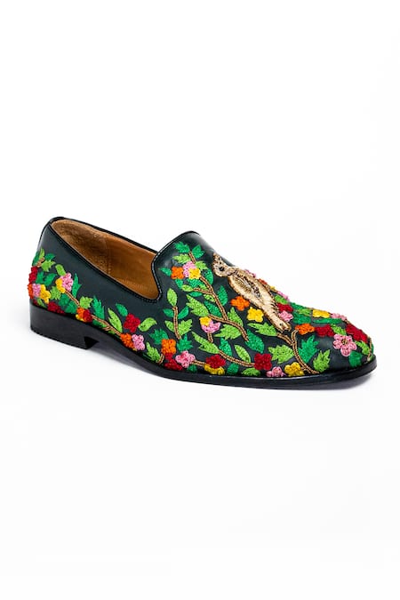 Aniket Gupta_Green Floral Sonchiriya Embroidered Shoes _Online_at_Aza_Fashions