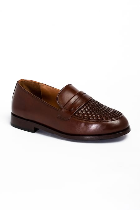 Aniket Gupta_Brown Cognac Leather Basket Weave Shoes_Online_at_Aza_Fashions